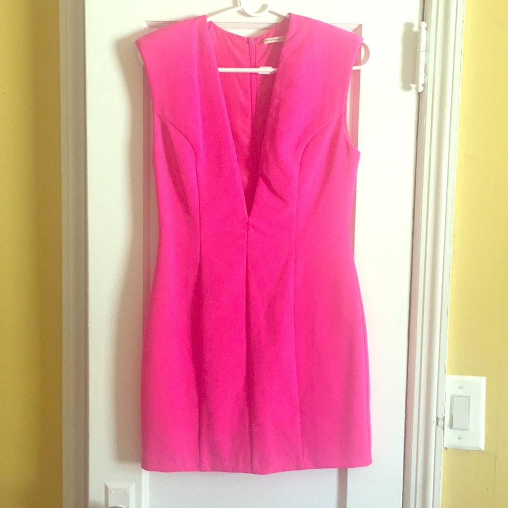 Hot pink party dress with deep V neckline